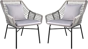 Image of Amazon Basics Outdoor All Weather Rope Club Chair with Steel Frame and Cushions, 2 Pack, 27.56 x 29.13 x 33.86 inches, Grey