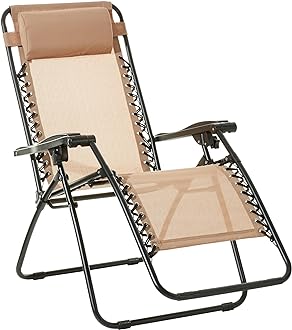 Image of Amazon Basics Outdoor Textilene Adjustable Zero Gravity Folding Reclining Lounge Chair with Pillow, 26", Beige