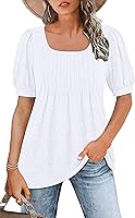 WNEEDU Womens Summer Tunic Tops Puff Short Sleeve T-Shirts Casual Pleated Flowy Square Neck Basic Tee Top Women 2024 New