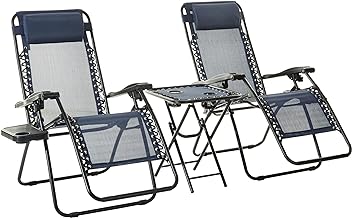 Image of Amazon Basics Outdoor Textilene Adjustable Zero Gravity Folding Reclining Lounge Chair Set with Side Table, pack of 2, Blue
