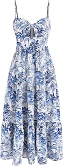 Image of CIDER Santorini Beach Vacation V-Neck Landscape Painting Cut Out Knotted Cami Midi Dress