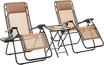 Image of Amazon Basics Outdoor Textilene Adjustable Zero Gravity Folding Reclining 3-Piece Lounge Chair Set with Side Table, 35 x 26 x 43 inches, Beige