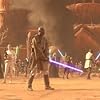 Surrounded by a powerful army, the Jedi and their allies are prepared to fight to the end in Star Wars: Episode II Attack of the Clones. Leading the fight are (from left) Anakin Skywalker (Hayden Christensen), Padmé Amidala (Natalie Portman), Mace Windu (Samuel L. Jackson), and Obi-Wan Kenobi (Ewan McGregor).