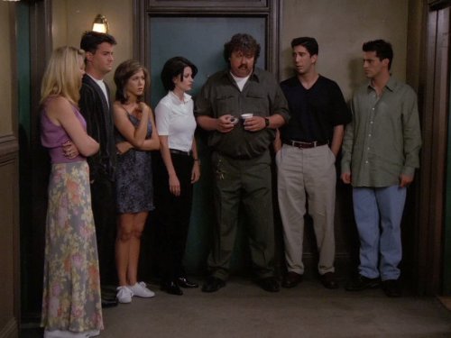 Jennifer Aniston, Courteney Cox, Lisa Kudrow, Matt LeBlanc, Matthew Perry, David Schwimmer, and Mike Hagerty in Friends (1994)