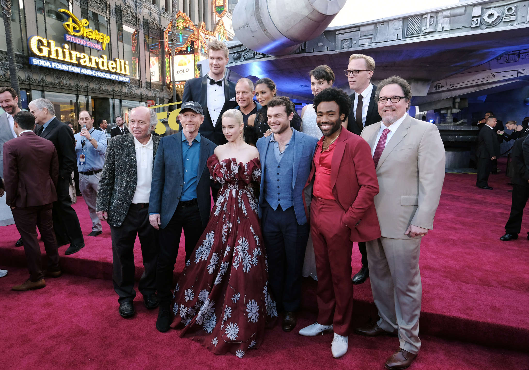 Ron Howard, Woody Harrelson, Paul Bettany, Jon Favreau, Clint Howard, Thandiwe Newton, Donald Glover, Alden Ehrenreich, Phoebe Waller-Bridge, Emilia Clarke, and Joonas Suotamo at an event for Solo: A Star Wars Story (2018)