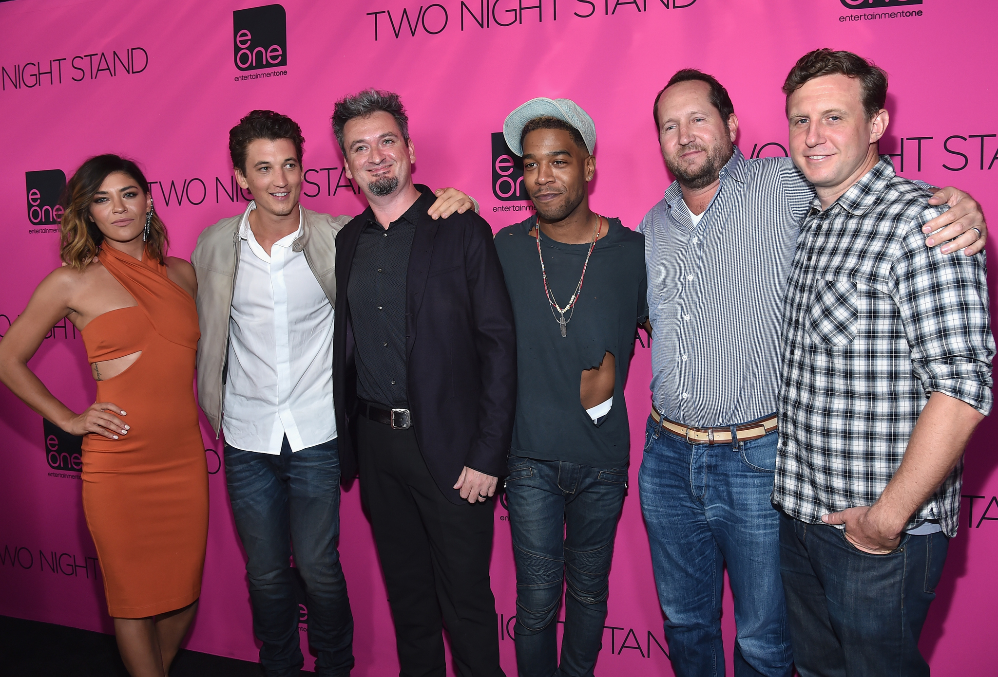 Beau Flynn, Ruben Fleischer, Max Nichols, Jessica Szohr, Miles Teller, and Kid Cudi at an event for Two Night Stand (2014)