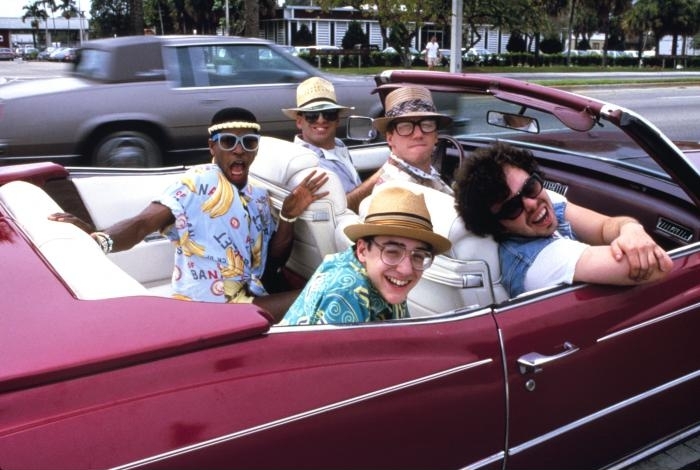 Robert Carradine, Curtis Armstrong, Timothy Busfield, Andrew Cassese, and Larry B. Scott in Revenge of the Nerds II: Nerds in Paradise (1987)