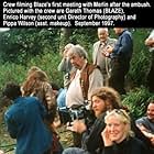 Crew filming Blaze's first meeting with Merlin after the ambush. Pictured with the crew are Gareth Thomas (BLAZE), Enrico Harvey (second unit Director of Photography) and Pippa Wilson (asst. makeup). September 1997.