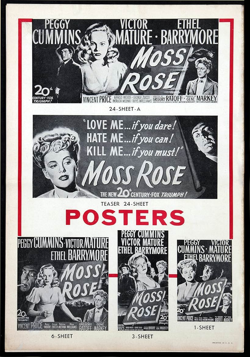 Ethel Barrymore, Victor Mature, and Peggy Cummins in Moss Rose (1947)