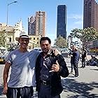 Sam Medina and Peter Berg on set of Mile 22 in Bogota Colombia