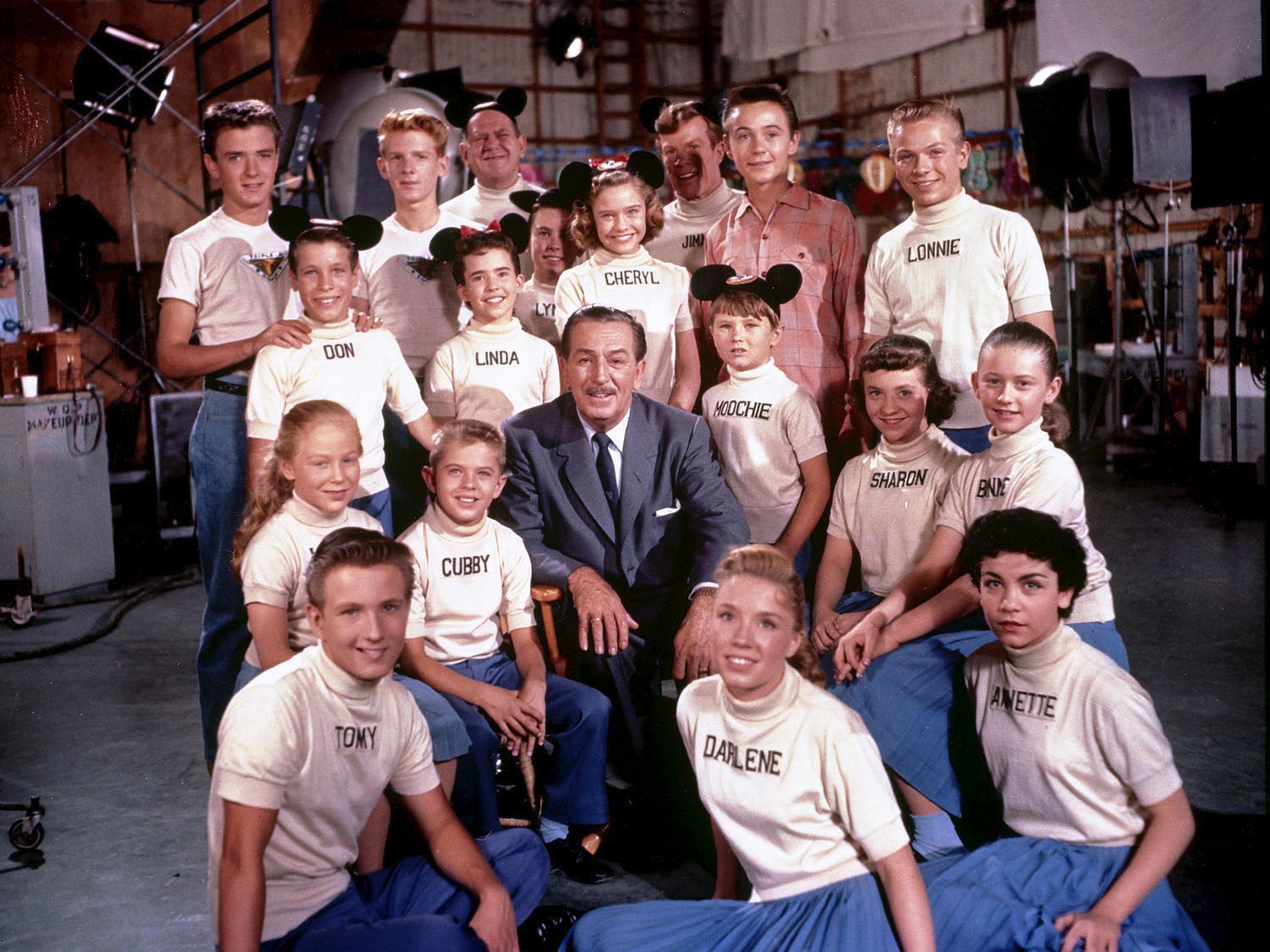 Walt Disney, Kevin Corcoran, Annette Funicello, Sharon Baird, Lonnie Burr, Tommy Cole, Tim Considine, Jimmie Dodd, Lynn Fields, Darlene Gillespie, Don Grady, Cheryl Holdridge, Tommy Kirk, Cubby O'Brien, Karen Pendleton, David Stollery, Roy Williams, Lynn Ready, and Linda Hughes in The Mickey Mouse Club (1955)