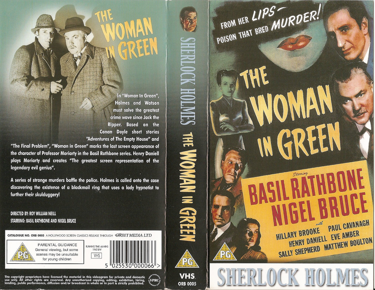 Basil Rathbone, Eve Amber, Hillary Brooke, Nigel Bruce, Paul Cavanagh, and Henry Daniell in The Woman in Green (1945)