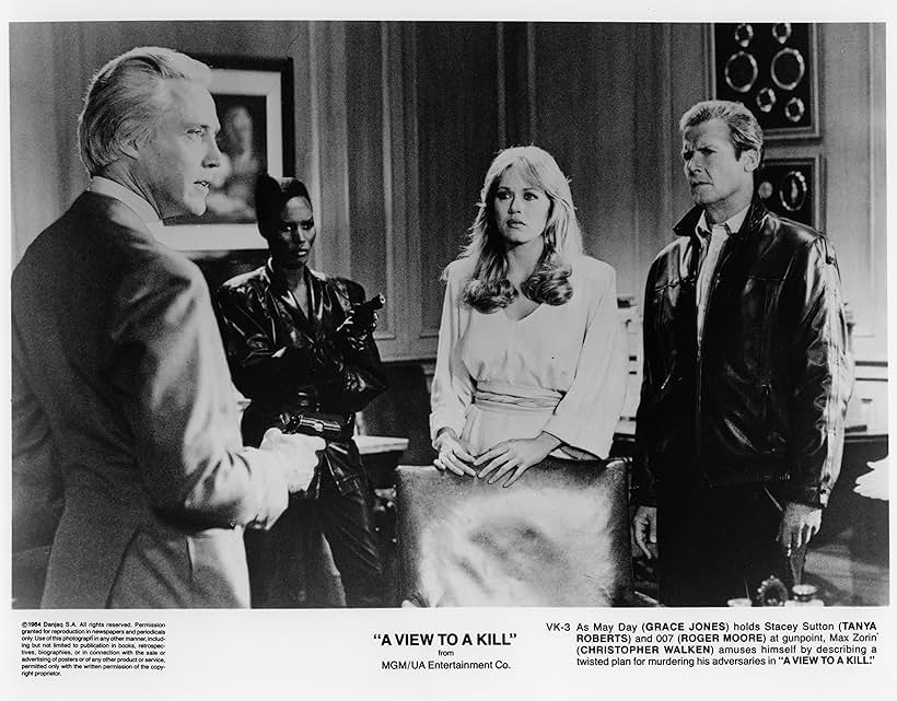 Roger Moore, Tanya Roberts, Christopher Walken, and Grace Jones in A View to a Kill (1985)