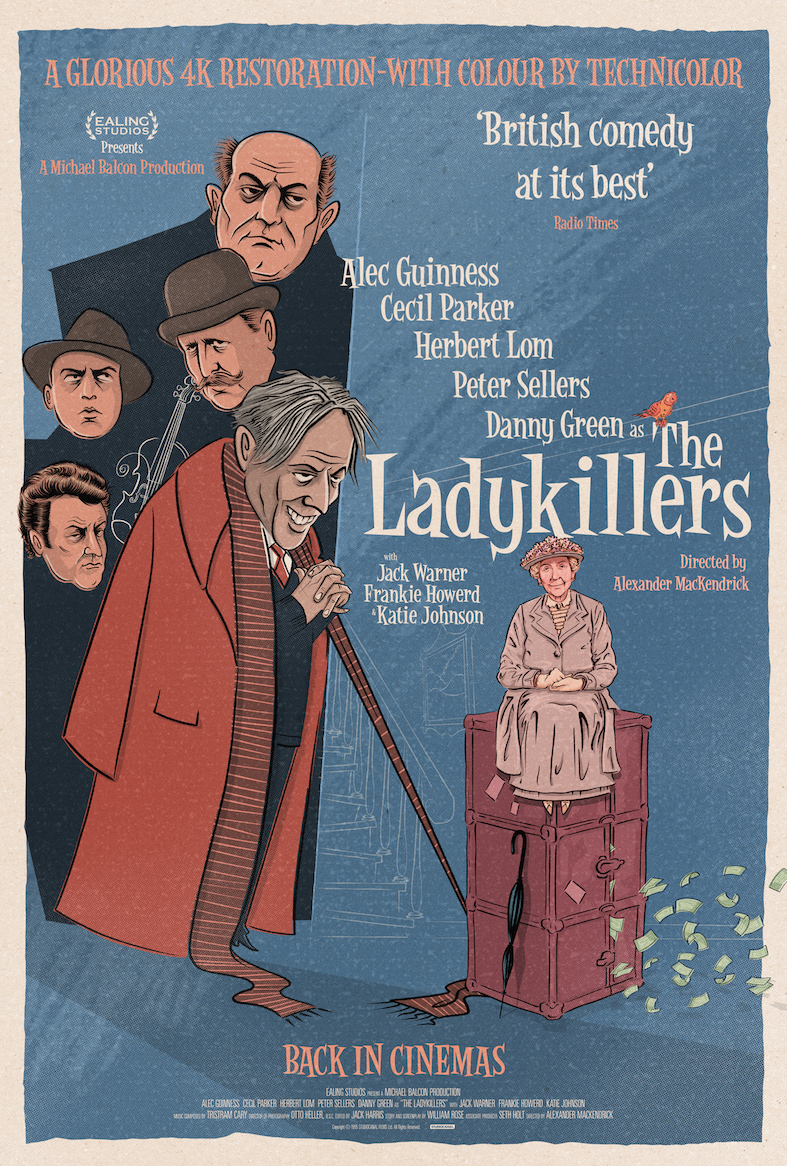 Alec Guinness, Peter Sellers, Herbert Lom, Danny Green, Katie Johnson, Cecil Parker, and Jack Warner in The Ladykillers (1955)