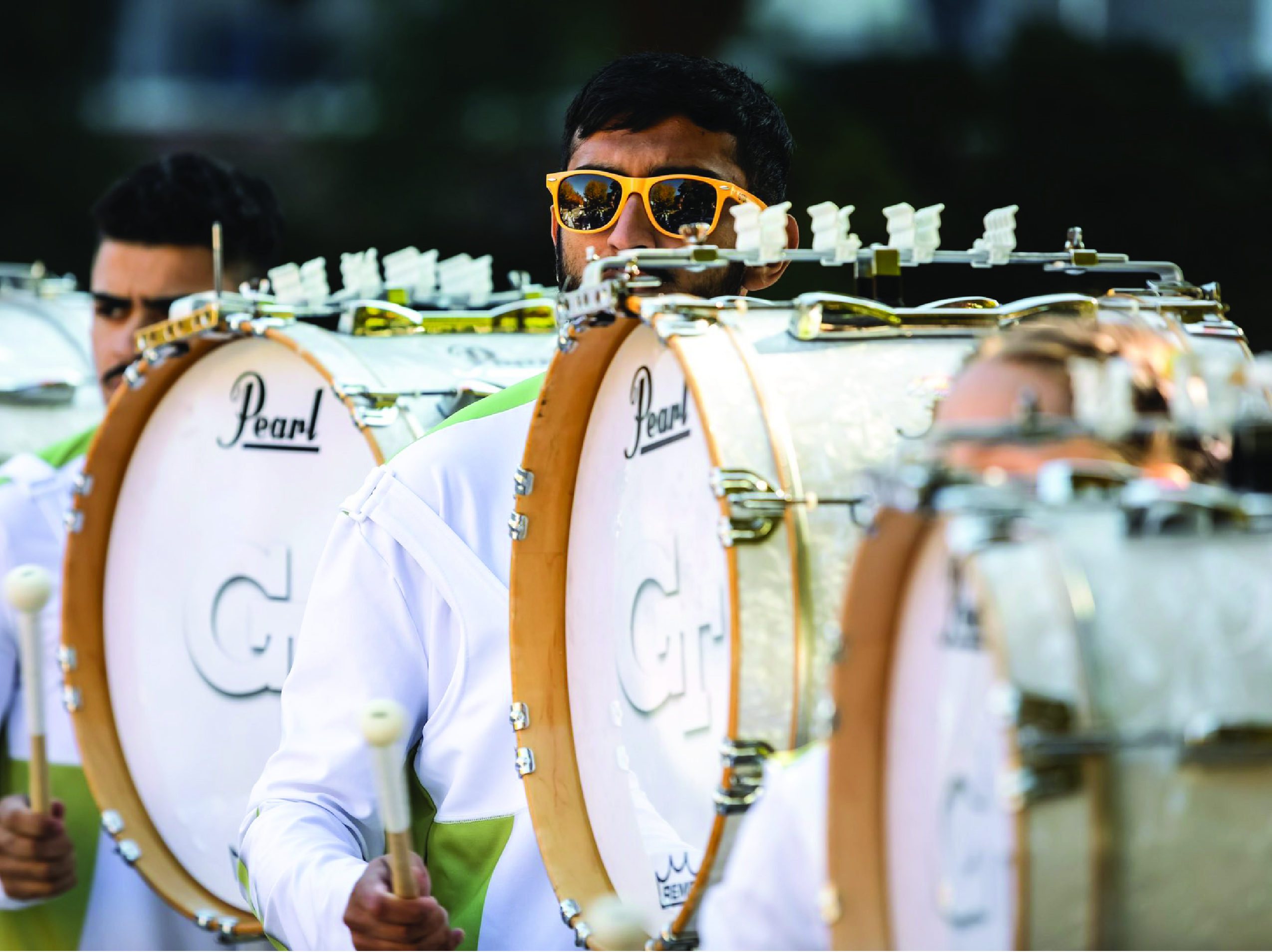 Drumline lined up on field