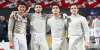 From left, Colin Heathcock, Eli Dershwitz, Mitchell Saron and
Filip Dolegiewicz harvard university olympics team usa fencing team mens