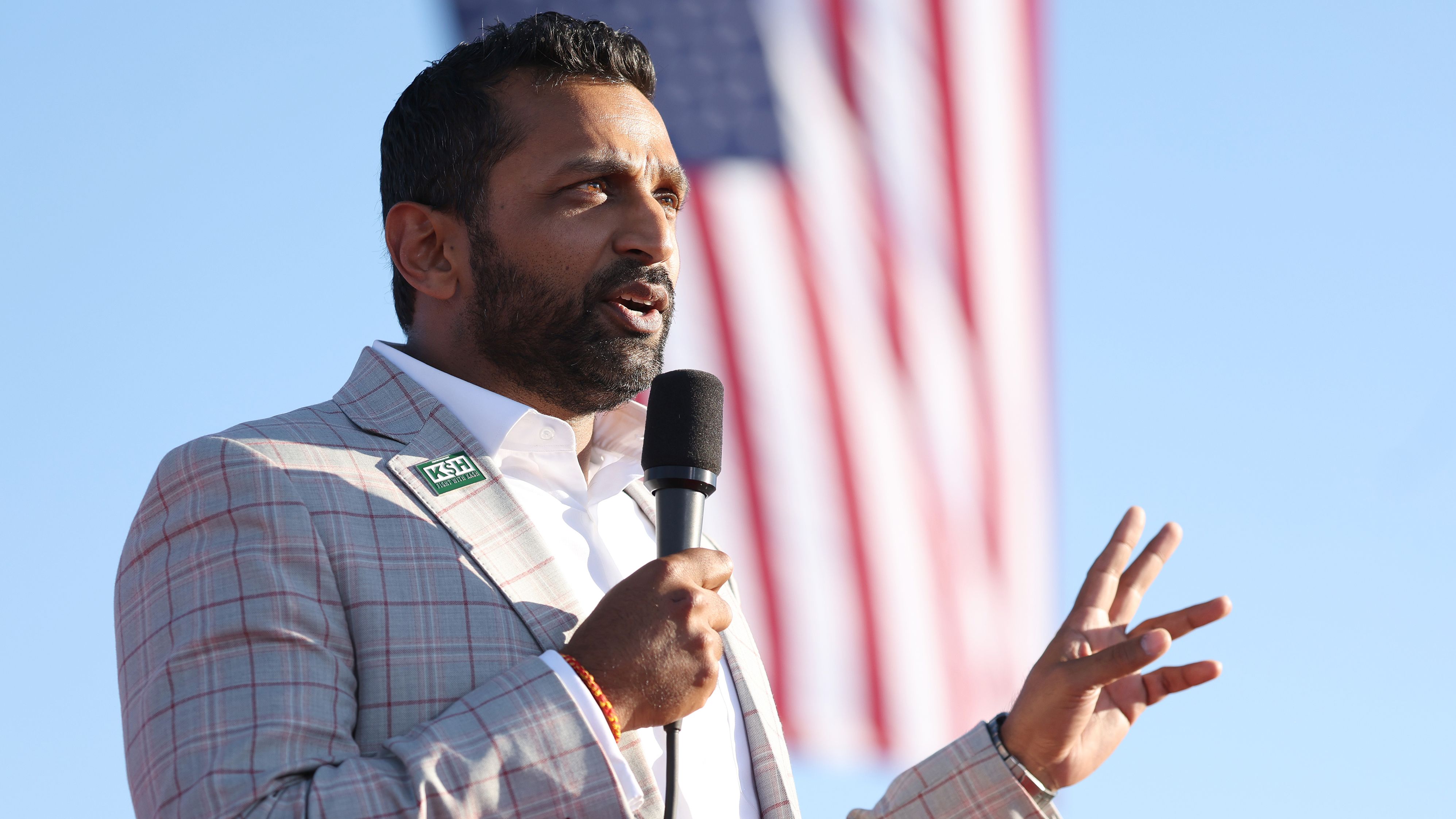 MINDEN, NEVADA - OCTOBER 08: Former Chief of Staff to the Department of Defense Kash Patel speaks during a campaign rally at Minden-Tahoe Airport on October 08, 2022 in Minden, Nevada. Former U.S. President Donald Trump held a campaign style rally for Nevada GOP candidates ahead of the state's midterm election on November 8th.  (Photo by Justin Sullivan/Getty Images)