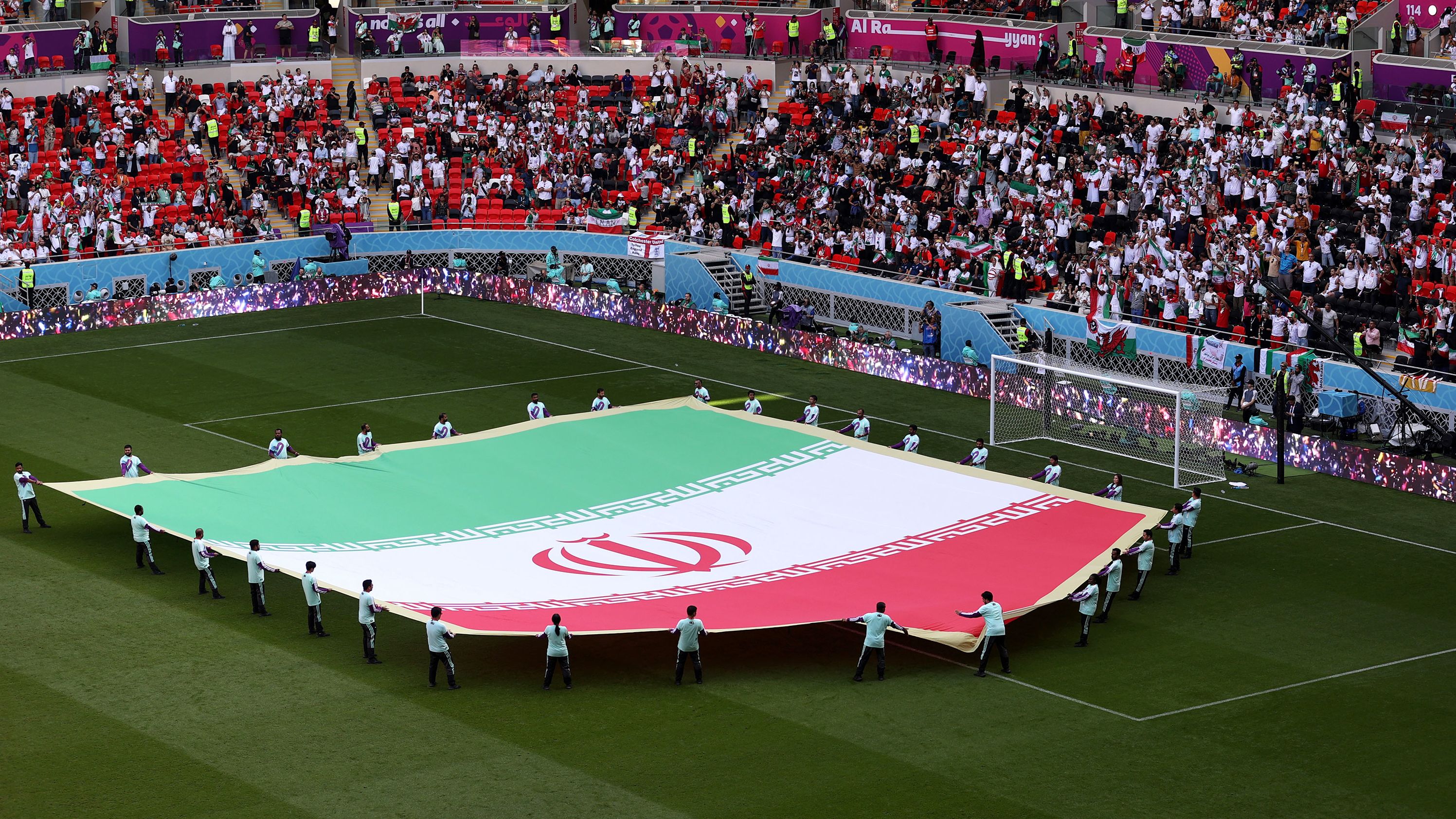 A giant flag of IR Iran on the pitch prior to the FIFA World Cup Qatar 2022 Group B match between Wales and IR Iran at Ahmad Bin Ali Stadium on November 25, 2022 in Doha, Qatar. 