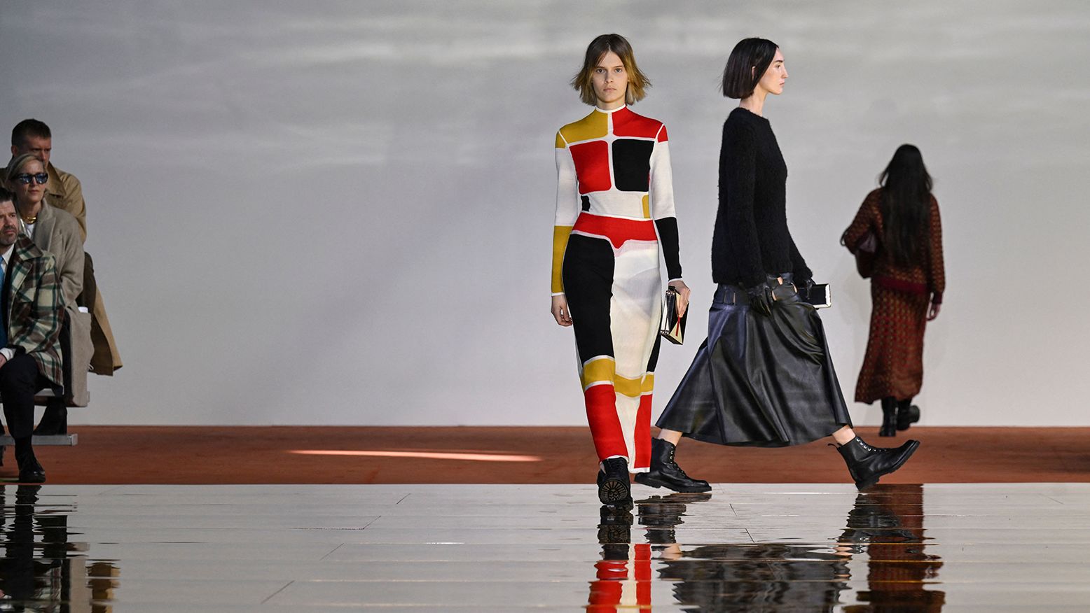 Models present designs by Gabriela Hearst during New York Fashion Week on February 14, 2023.