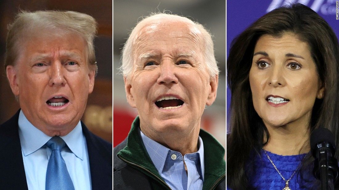 From left, Former president Donald Trump, US President Joe Biden and Republican presidential candidate Nikki Haley.