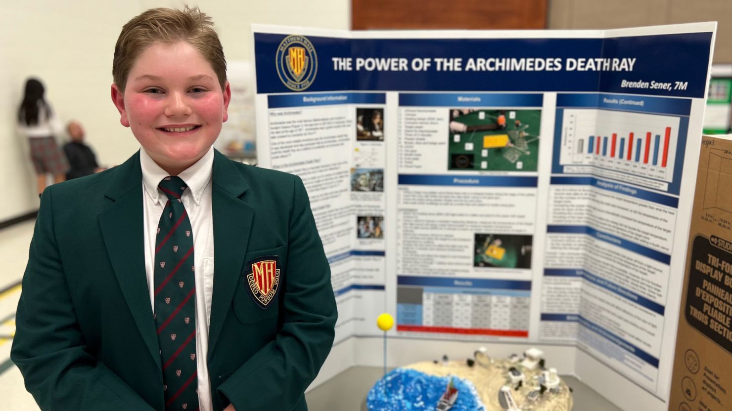 Brenden Sener, de 13 años, de London, Ontario, creó una versión en miniatura del rayo de la muerte de Arquímedes para la Feria Anual de Ciencias Matthews Hall 2023.