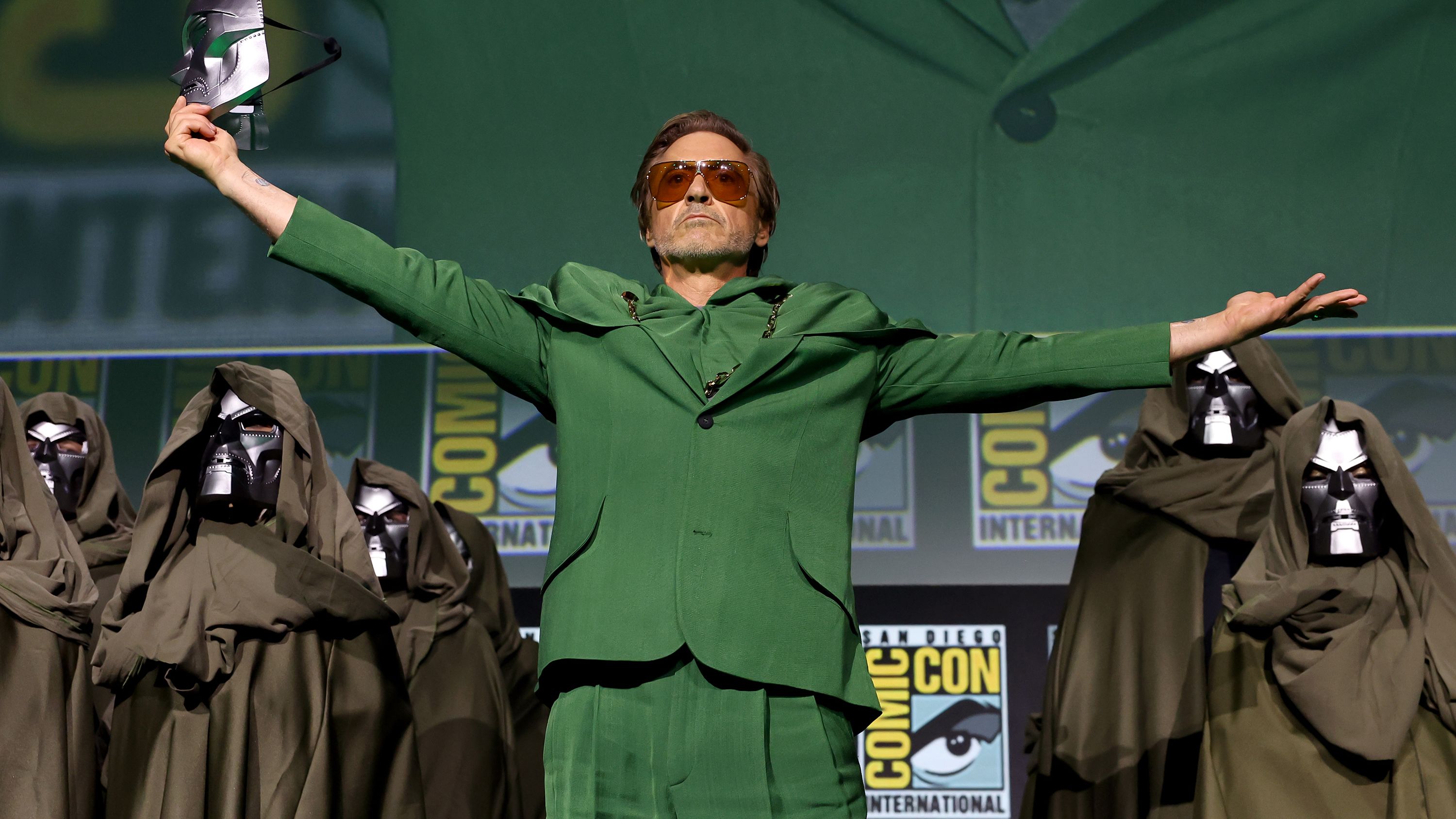 Robert Downey Jr. on stage during the Marvel Studios Panel in Hall H at San Diego Comic Con on Saturday.