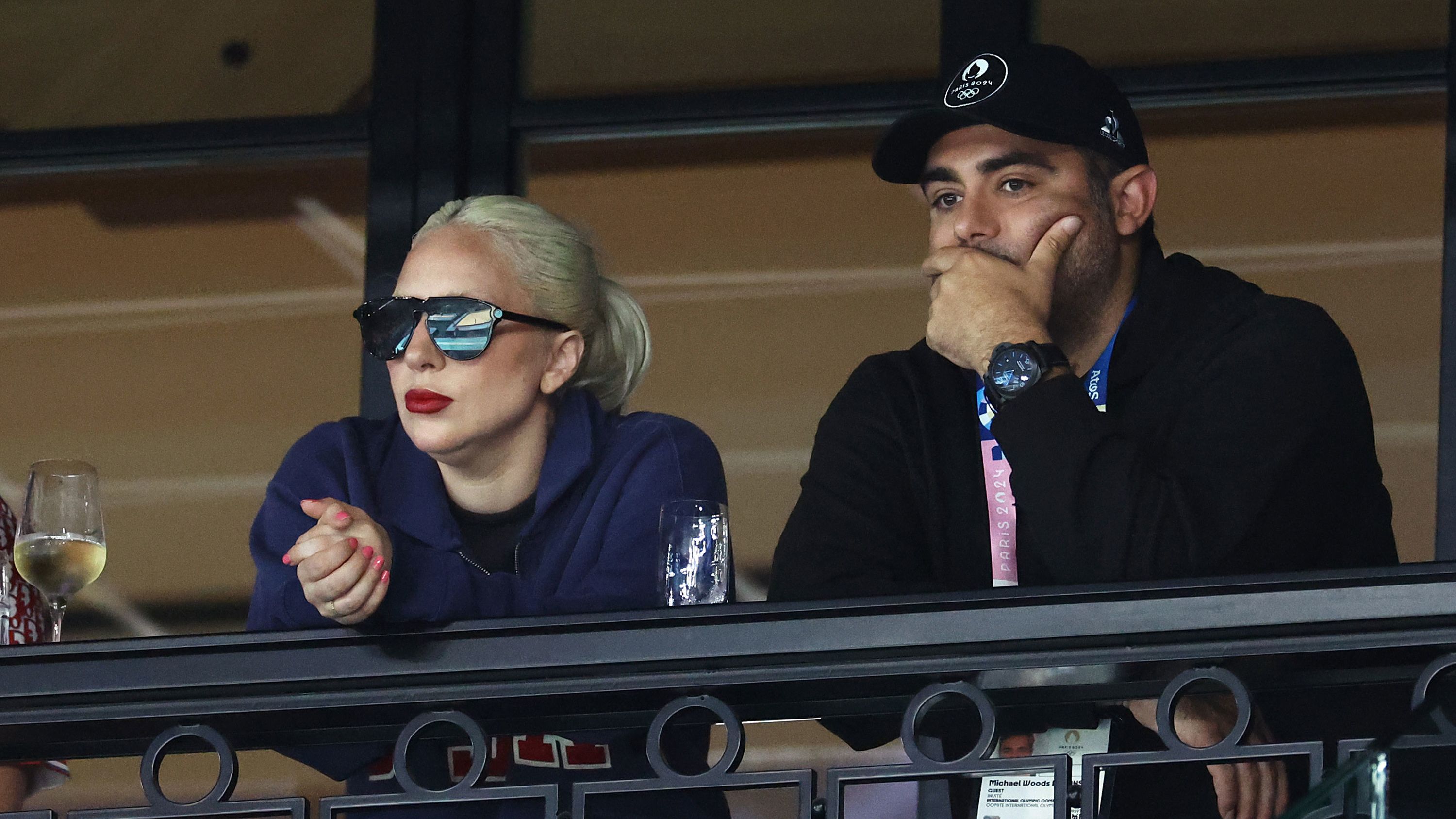 Lady Gaga and Michael Polanksy on Sunday at the women's Artistic Gymnastics qualification round during the 2024 Olympic Games in Paris.