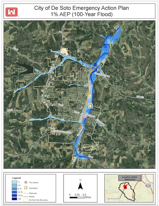 Map of 100- Year Flood for De Sotto Missouri developed for the city's Emergency Action and Evacuation Plan