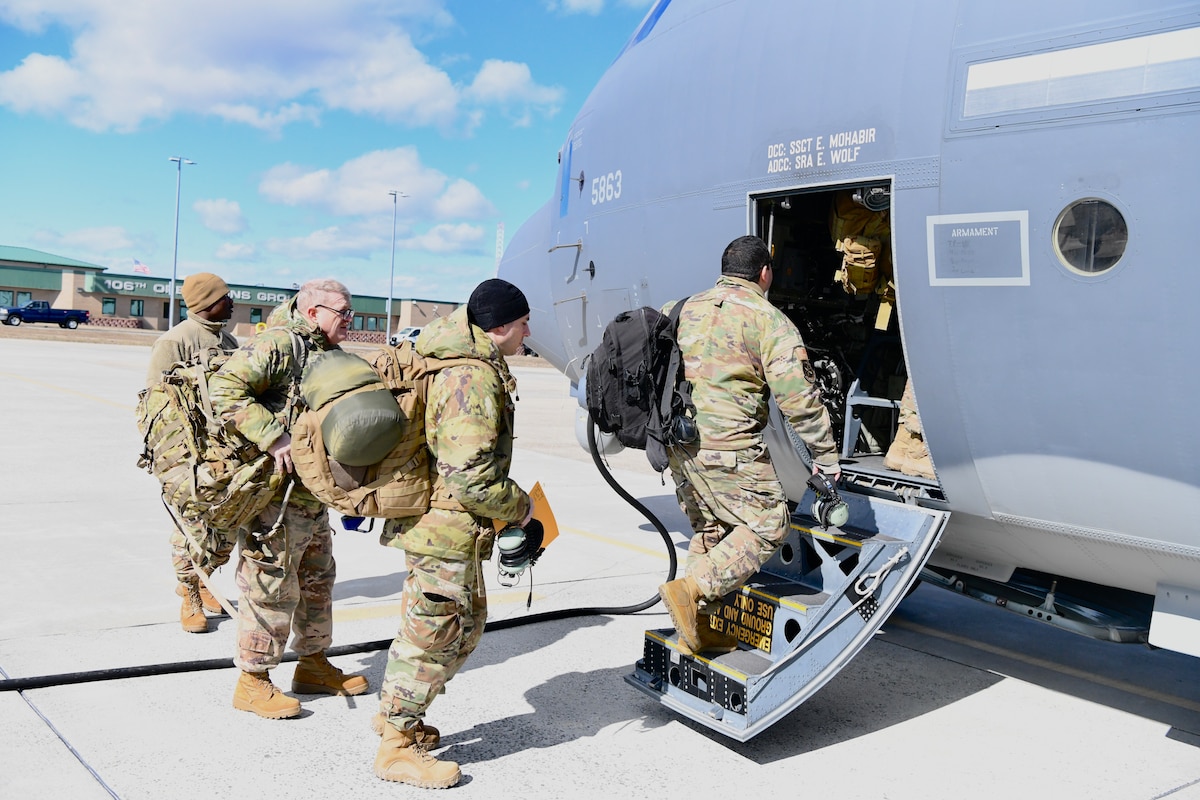 U.S. Air Force Airmen assigned to the 106th Rescue Wing on F.S. Gabreski Air National Guard Base board an HC-130J Combat King II search and rescue aircraft on F.S. Gabreski Air National Guard Base, Westhampton Beach, N.Y., during Exercise Agile Rage 2024, Feb. 29, 2024. The combat readiness exercise emphasized the execution of the Agile Combat Employment concept.