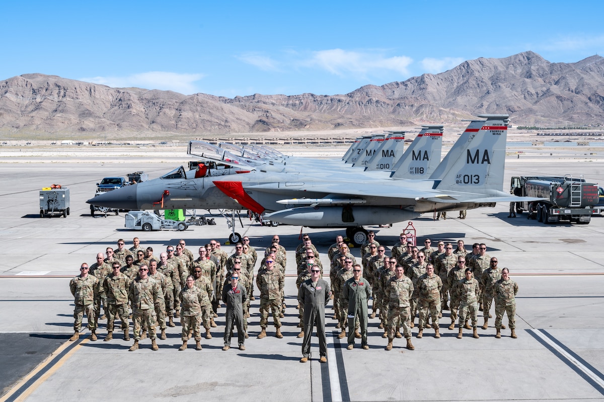 Members of the 104th Fighter Wing attend a U.S. Air Force weapons school integration exercise April 6-20, 2024, at Nellis Air Force Base, Nevada. This exercise combined multiple squadrons to test new air combat tactics through offensive and defensive counterair measures while using fourth- and fifth-generation aircraft.