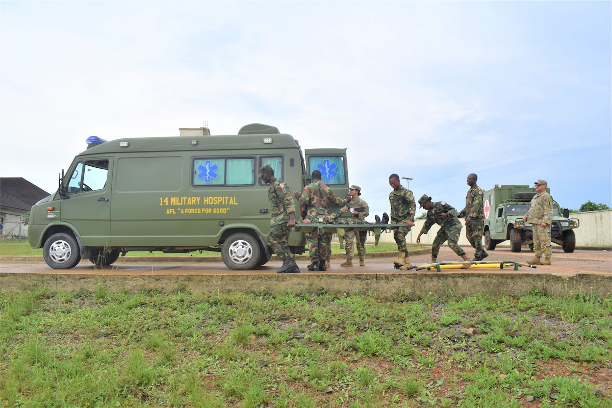 Members of the Armed Forces of Liberia conducted a mass casualty exercise scenario with partners from the Michigan National Guard at 14 Military Hospital May 23, 2024, in Dauzon, Liberia. The two are partners under the Department of Defense National Guard Bureau State Partnership Program.