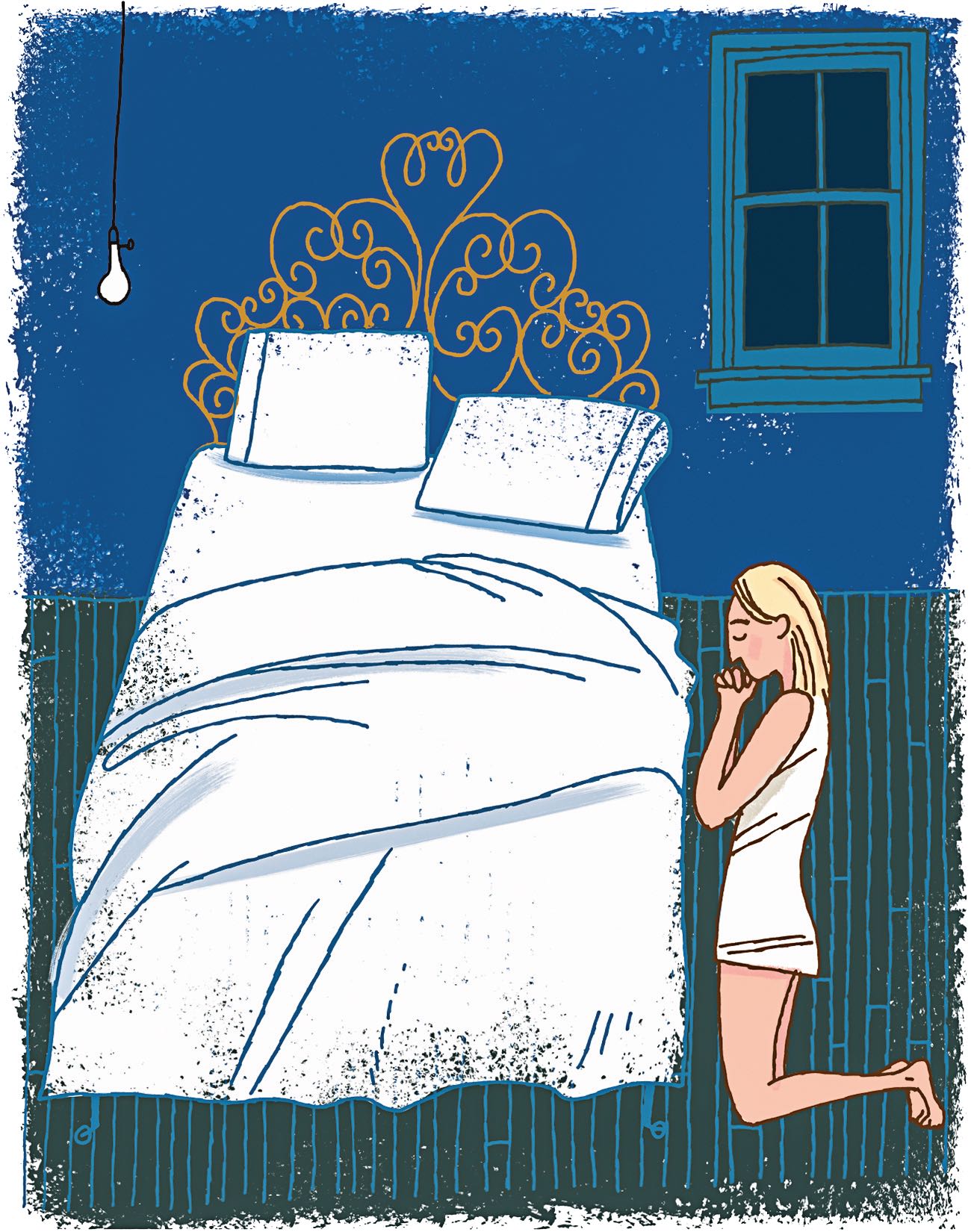 Illustration of girl kneeling beside bed