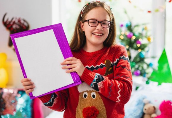 An image of our chief Joy Maker Keira, stood smiling in front of Christmas decorations whilst wearing a red festive jumper and proudly holding up her accessible Letter from Santa.