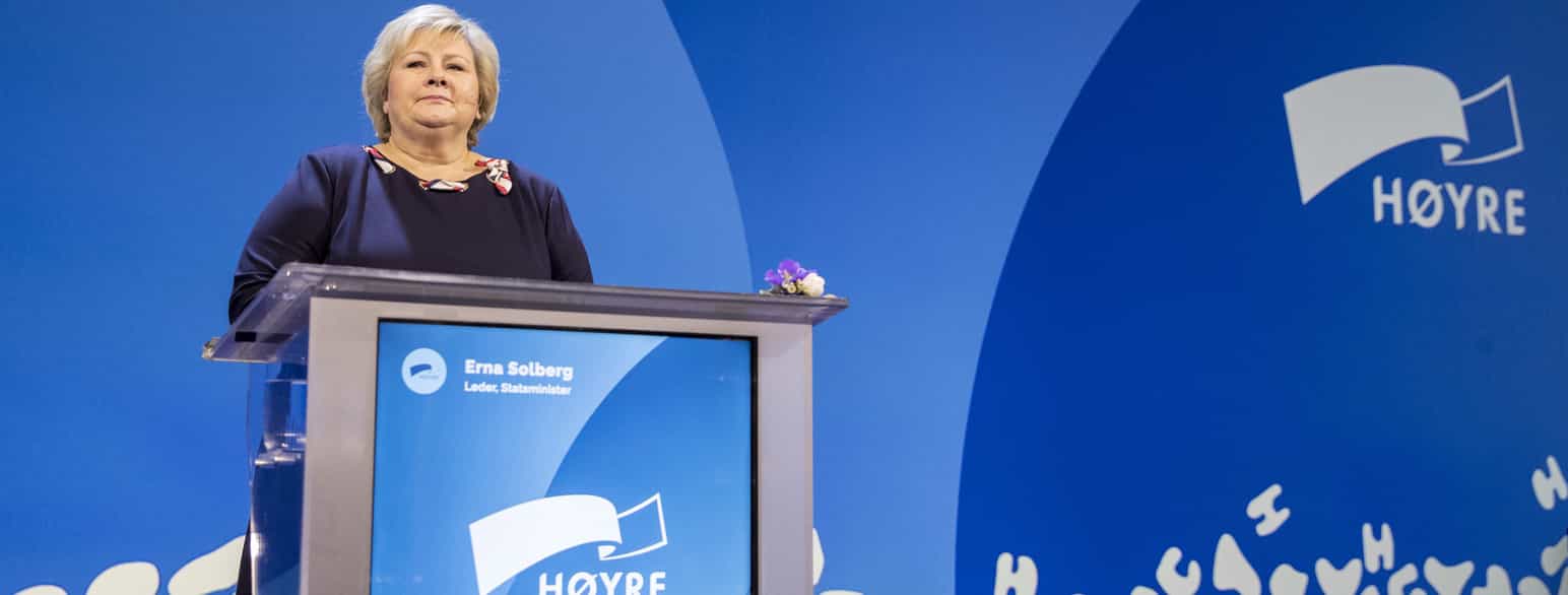 Statsminister og Høyre-leder Erna Solberg taler til partiets landsmøte i 2019