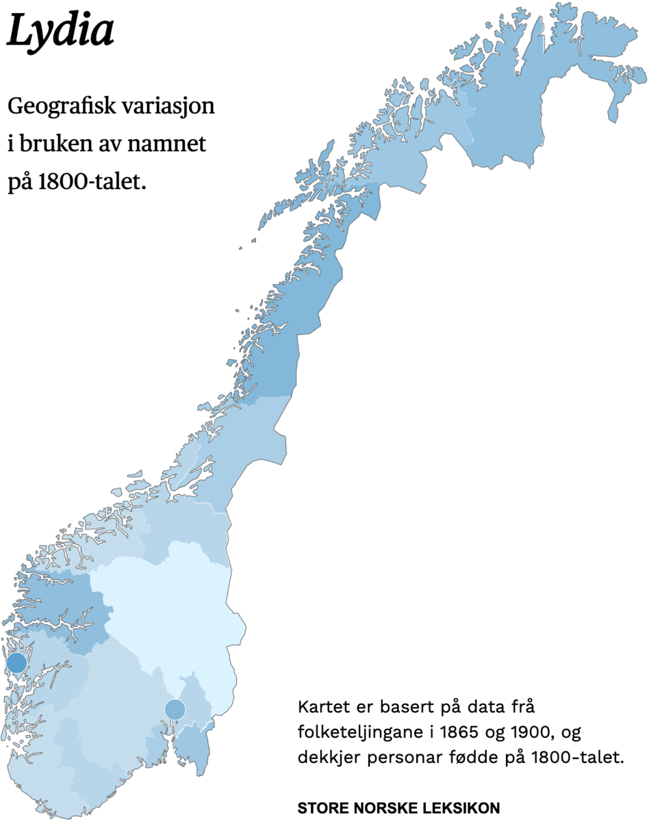 Geografisk variasjon i bruk av namnet Lydia på 1800-talet.