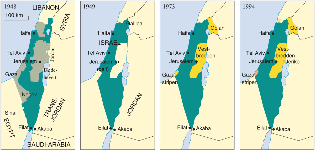 Fire ulike kart som viser endringene av grensene fra Palestina-mandatet før opprettelsen av Israel, via status etter krigen i 1948, krigen i 1973 og til slutt etter Oslo-avtalen i 1993.