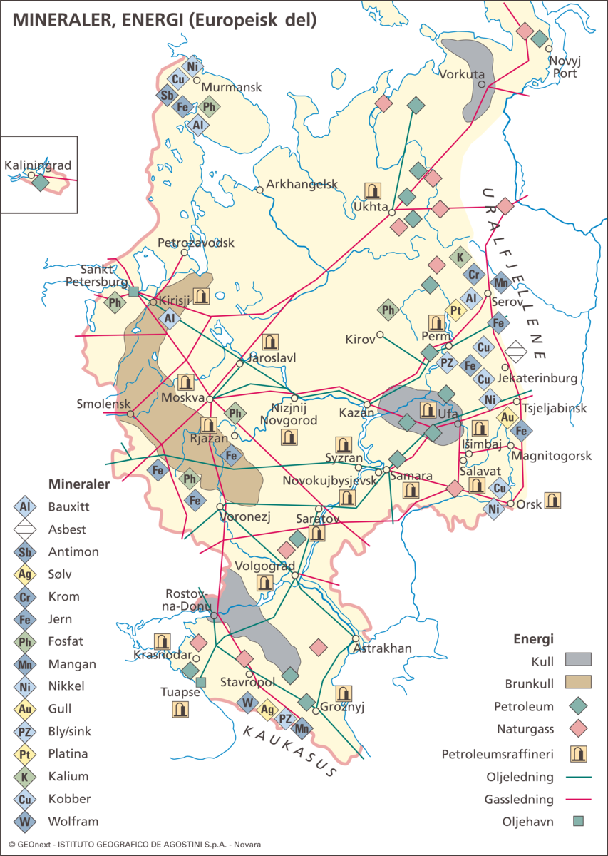 Russland (Kart: Mineraler, energi) (Europeisk del).