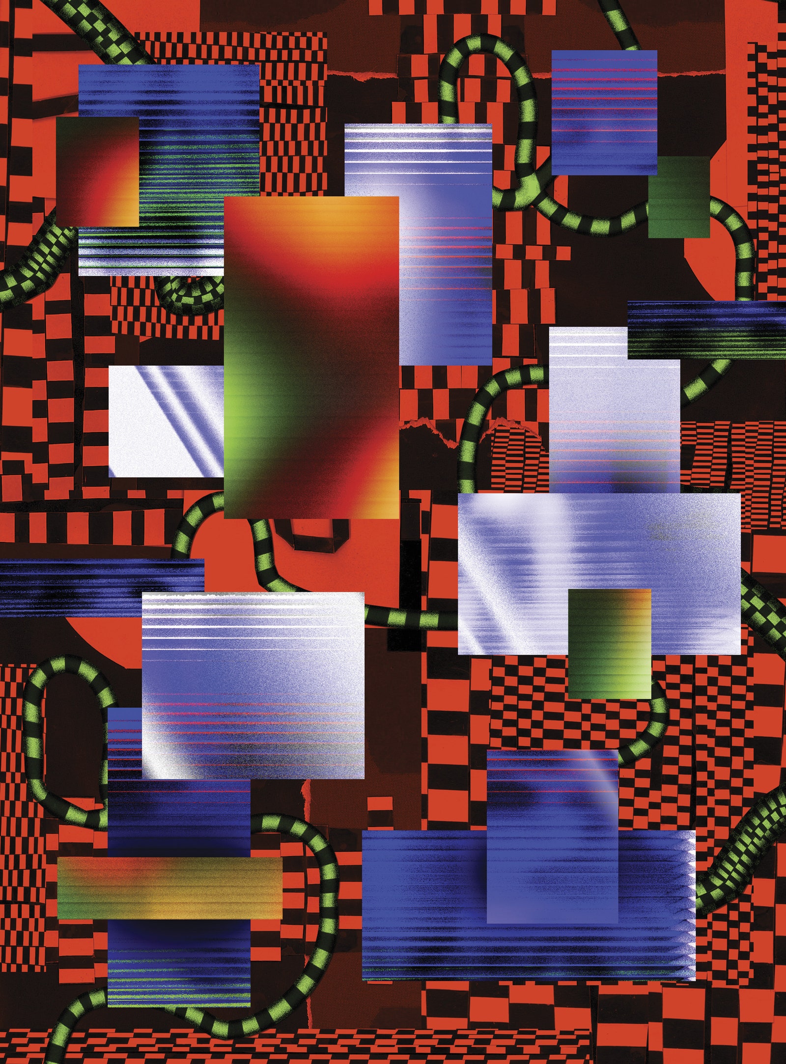 Collage of multicolored squares over a red checked background