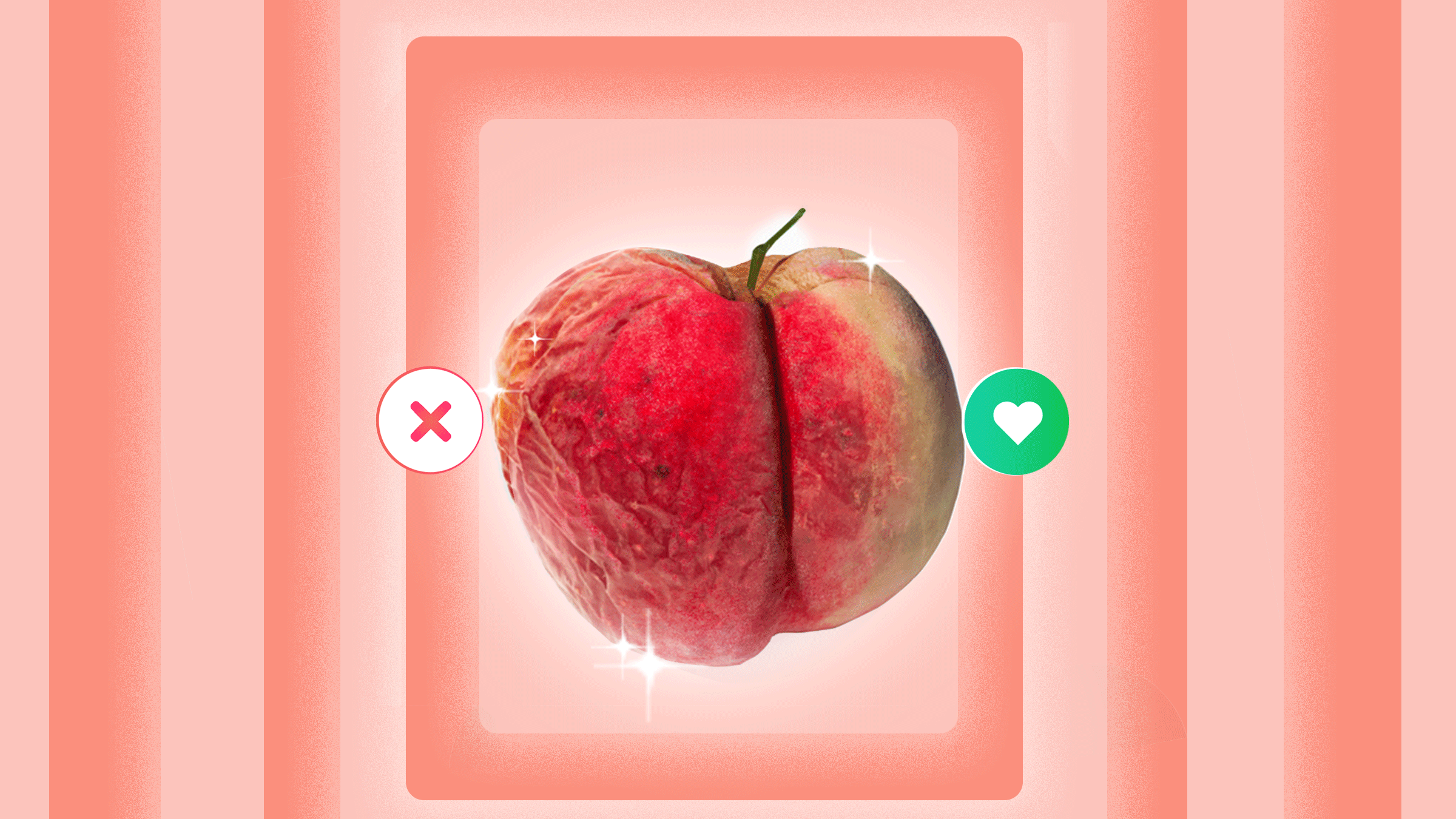 Icons from a dating app next to images of a wrinkled peach and a wrinkled eggplant.