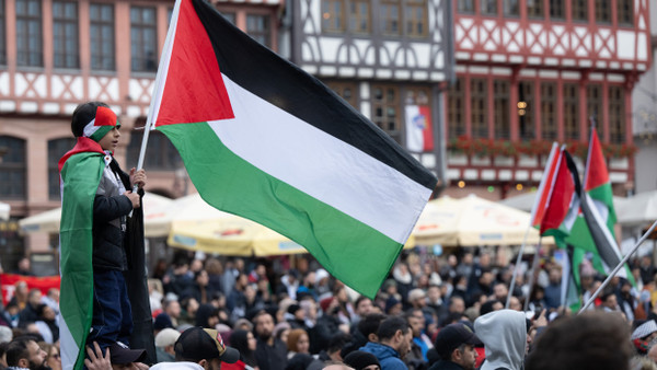 Ein Junge steht mit einer Flagge der Palästinensischen Gebiete auf dem Frankfurter Römerberg, Nun wollen Aktivsten auf dem Campus der Goethe-Uni demonstrieren.