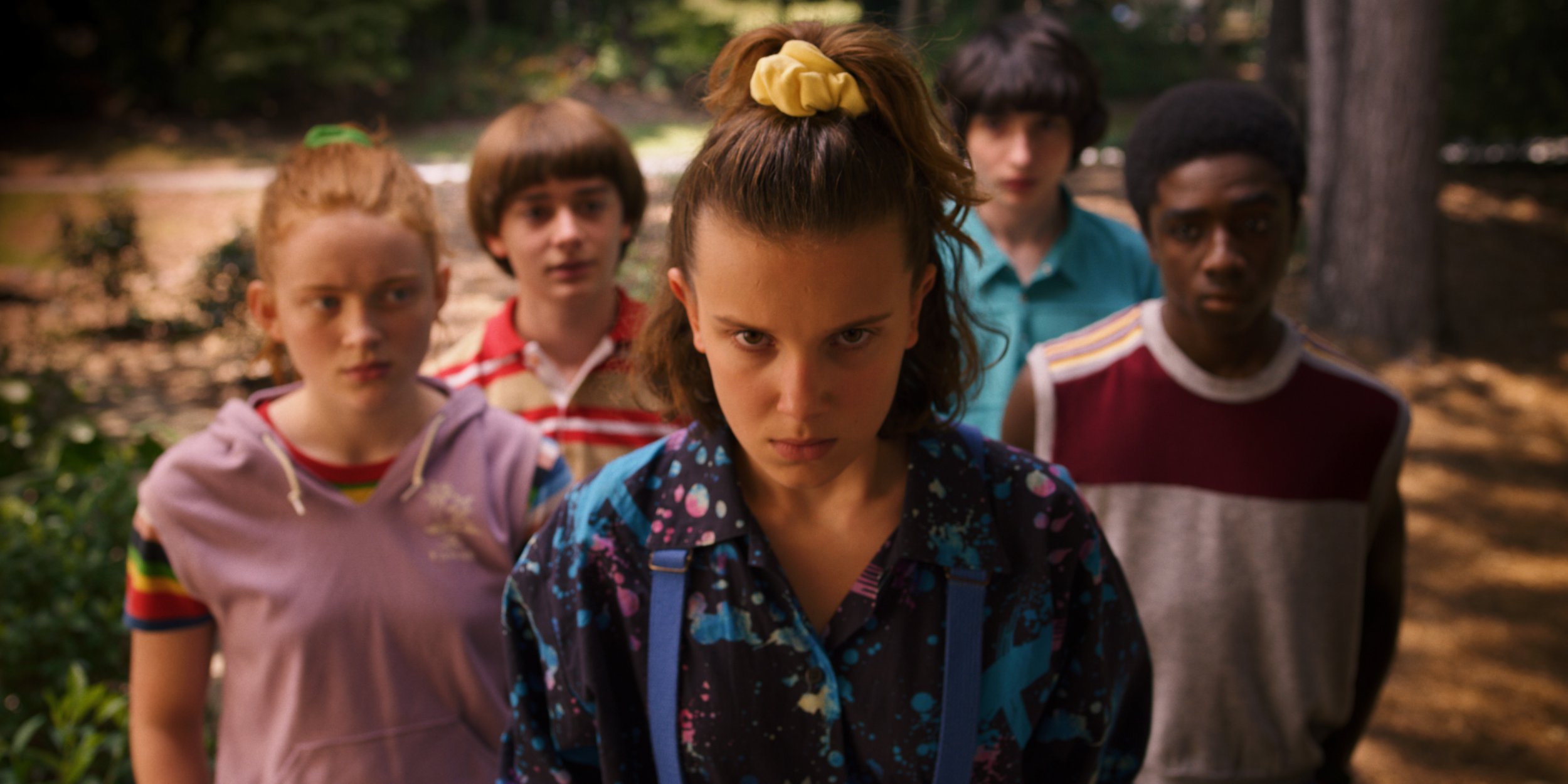 Sadie Sink as Max Mayfield, Noah Schnapp as Will Byers, Millie Bobby Brown as Eleven, Finn Wolfhard as Mike Wheeler and Caleb McLaughlin as Lucas Sinclair in Stranger Things