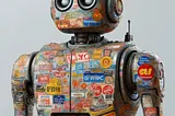 IMAGE: An illustration of a robot covered in old, worn-out advertising stickers, capturing the robot’s aged and well-used appearance, with a surface cluttered with peeling and faded stickers from various promotions