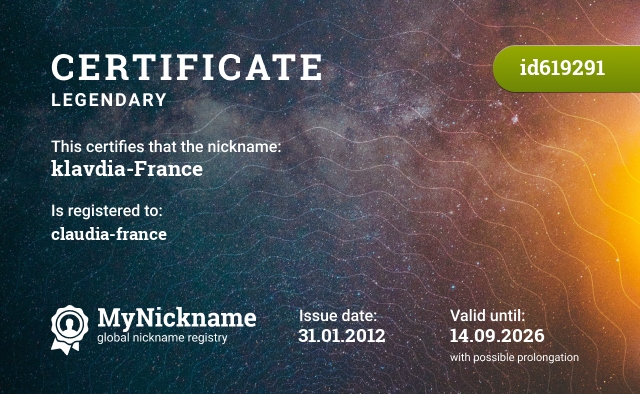 Certificate for nickname klavdia-France, is registered to:  