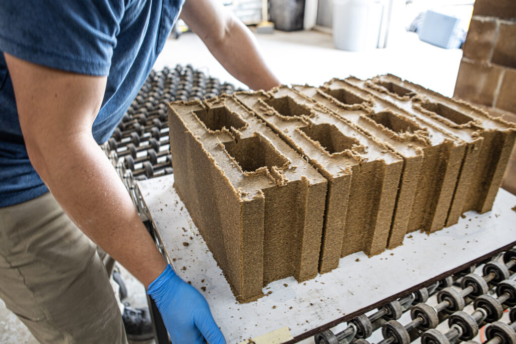 Close-up of four blocks made from bio-cement  