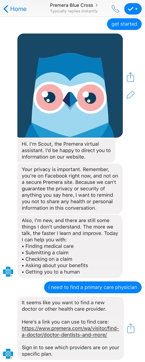 screen image of an online chat with Premera Scout's blue owl avatar