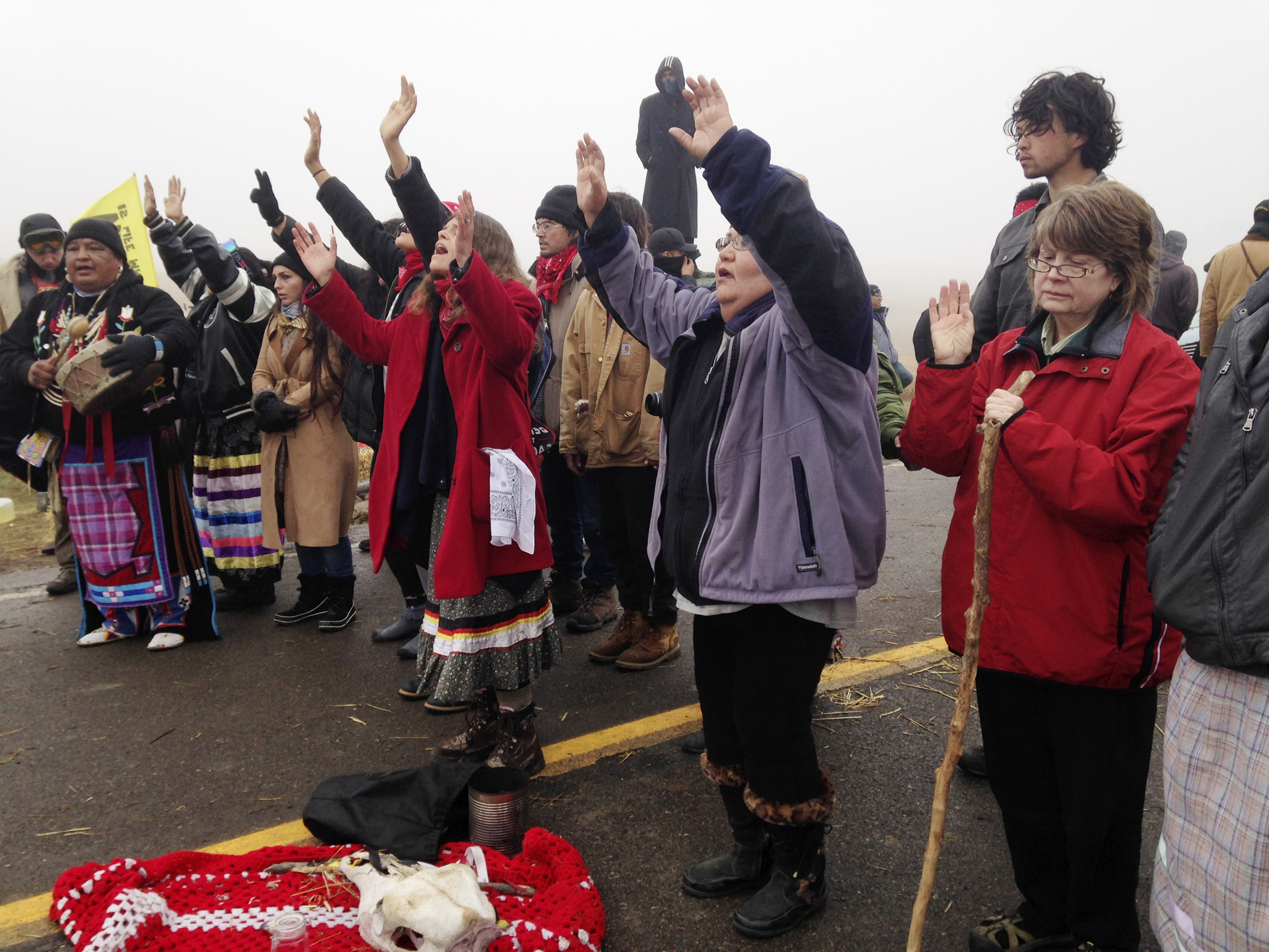 Protesters against the construction of the Dakota Access oil pipeline block a highway in near Cannon Ball, N.D.