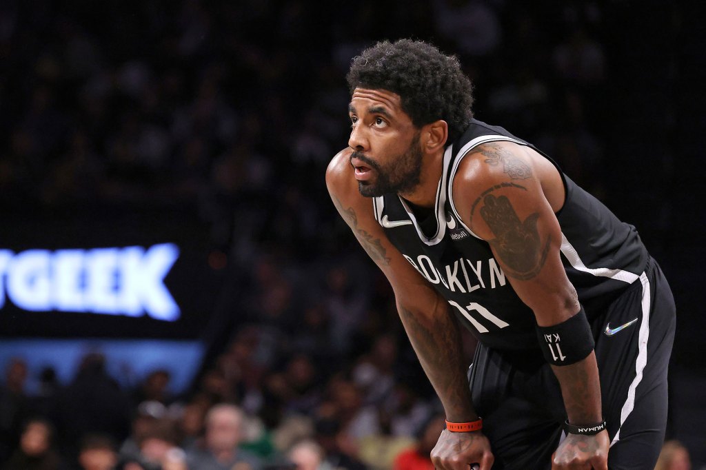 Kyrie Irving #11 of the Brooklyn Nets on the court during the fourth quarter. The Brooklyn Nets defeat the Cleveland Cavaliers 115-108 to go to the Playoffs. NY Post in house photo - Photo by 