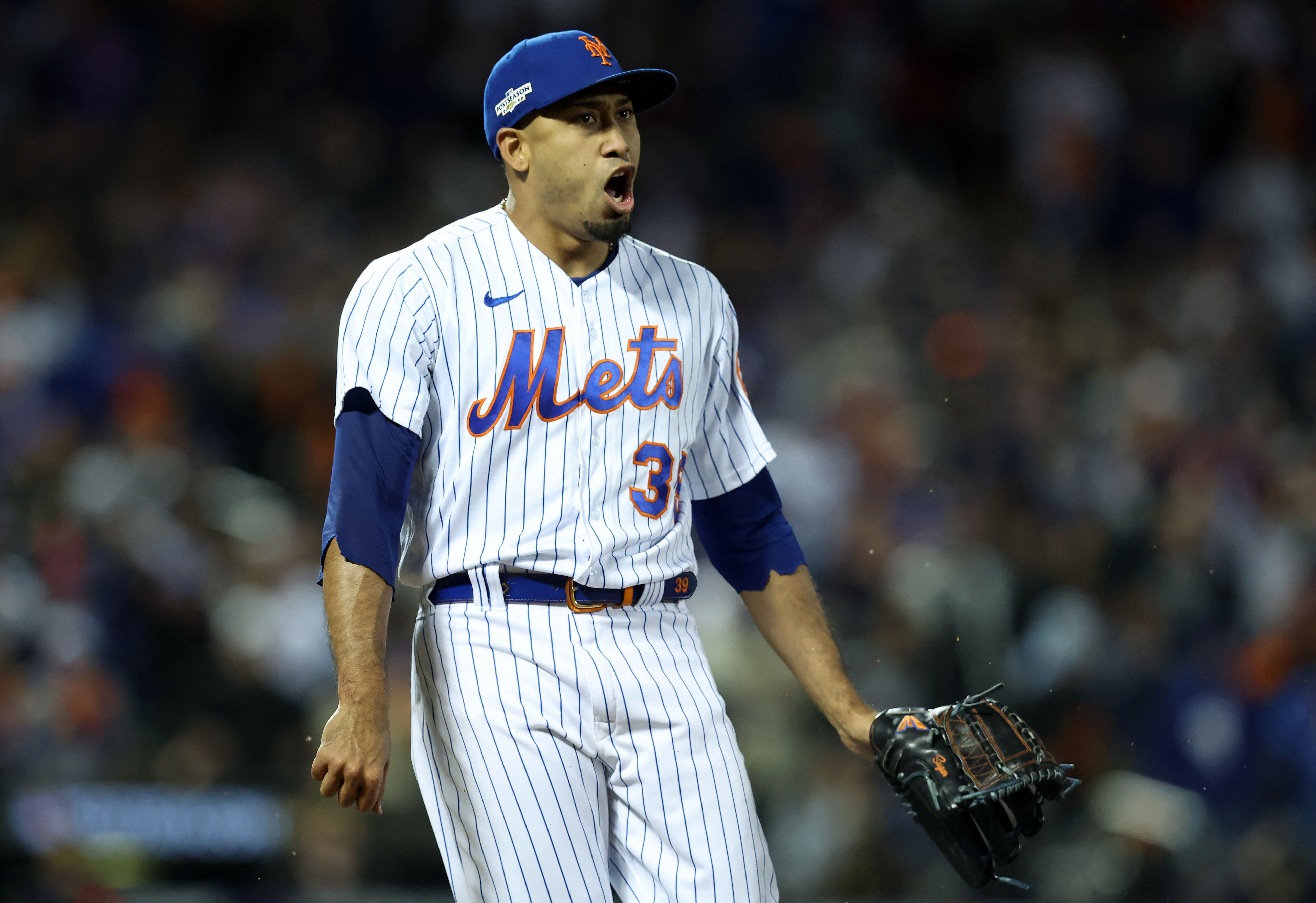 New York Mets relief pitcher Edwin Diaz celebrates after getting out San Diego Padres center fielder Trent Grisham in the Wild Card series game two.