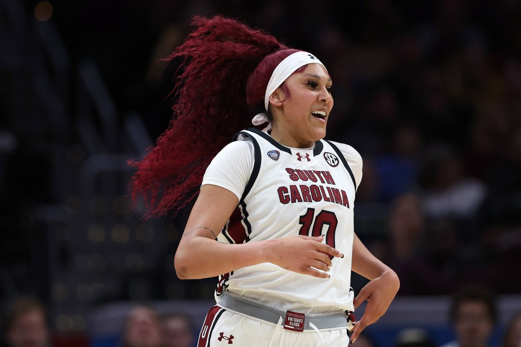 Kamilla Cardoso #10 of the South Carolina Gamecocks reacting during NCAA Women's Basketball Tournament Final Four semifinal in Cleveland, Ohio.