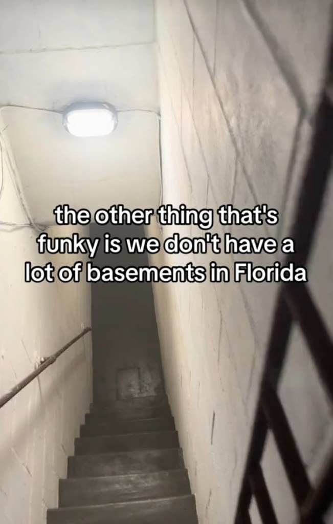 Law begins to descend down the staircase, telling viewers that it's "funky" to find any sort of basement in Florida and that it's "not typical." 